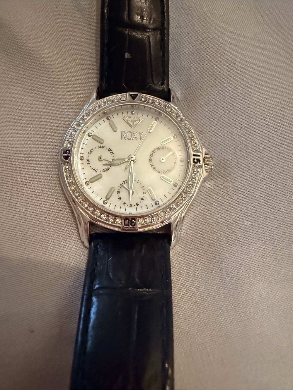 Vintage y2k Roxy Silver Crystal Bezel Watch with Black Strap